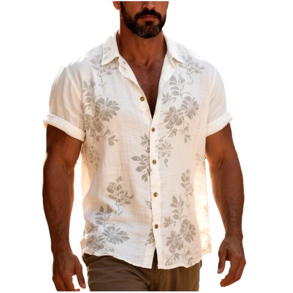 Tommy Bahama 100% Silk Hawaiian Shirt Button Down Cream Print Mens Large - Picture 1 of 7